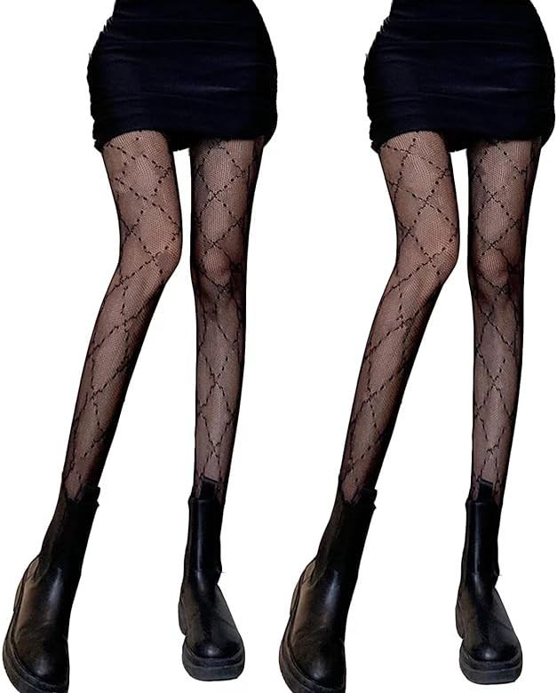 Echpzed Women Patterend Fishnet Tights High Waist Fashion Stockings Pantyhose for Party, 2 Pairs | Amazon (US)
