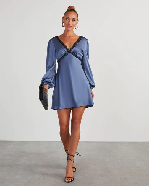Jazzy Satin Lace Trim Long Sleeve Mini Dress - Slate Blue | VICI