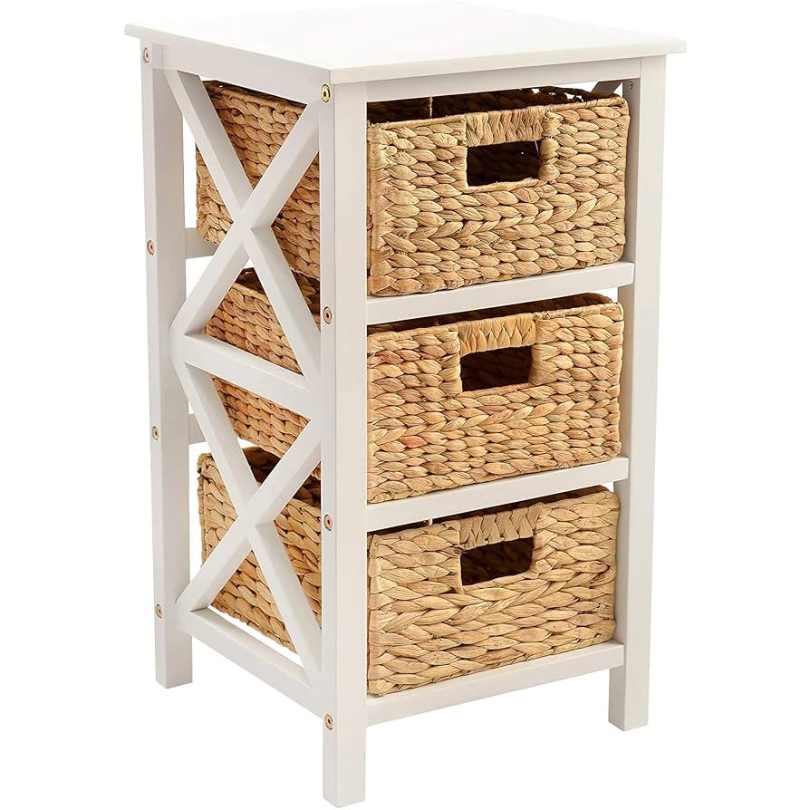 eHemco 3 Tier X-Side End Table with Wicker Baskets for Bedside, Living Room, White | Amazon (US)