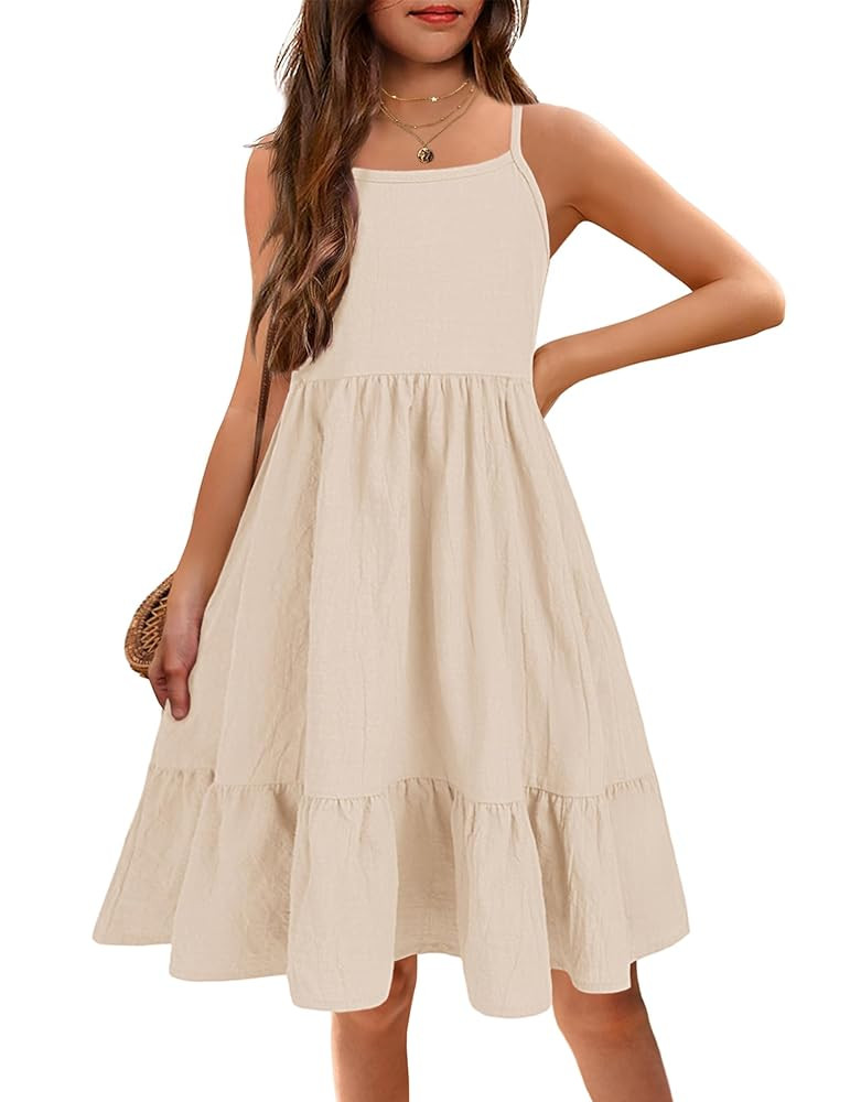 Arshiner Girl's Summer Sundress Spaghetti Strap Solid Linen Midi Dress Casual Cami Dresses | Amazon (US)