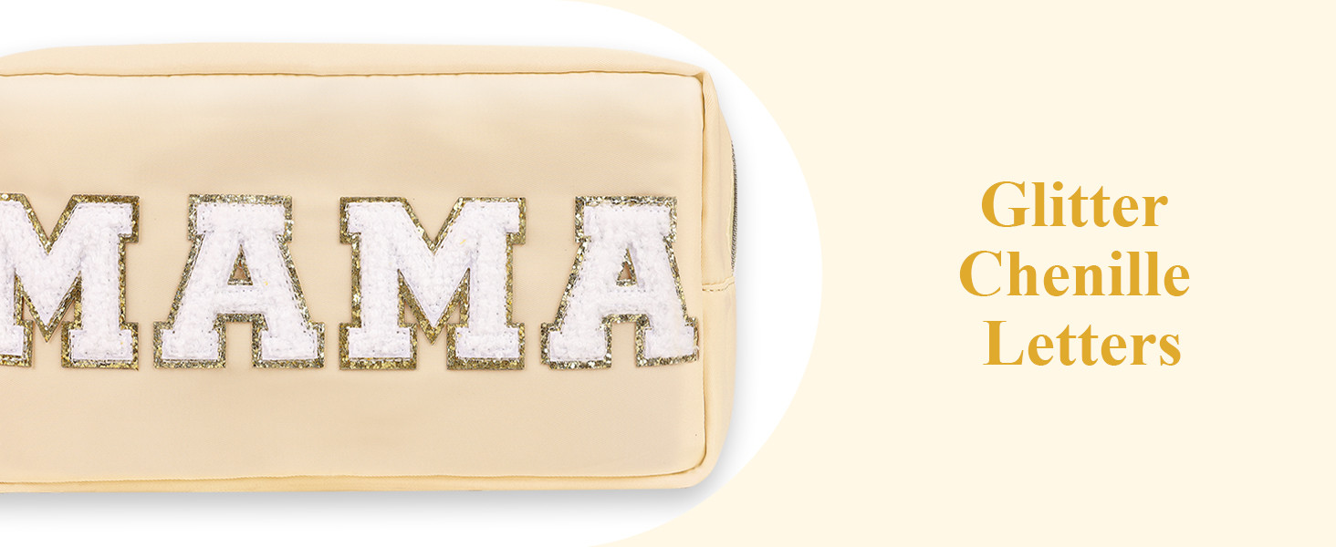 Chenille Letter Makeup Bag Mama Pouch, Nylon Preppy Patch Makeup Bag Small Travel Makeup Zipper P... | Amazon (US)