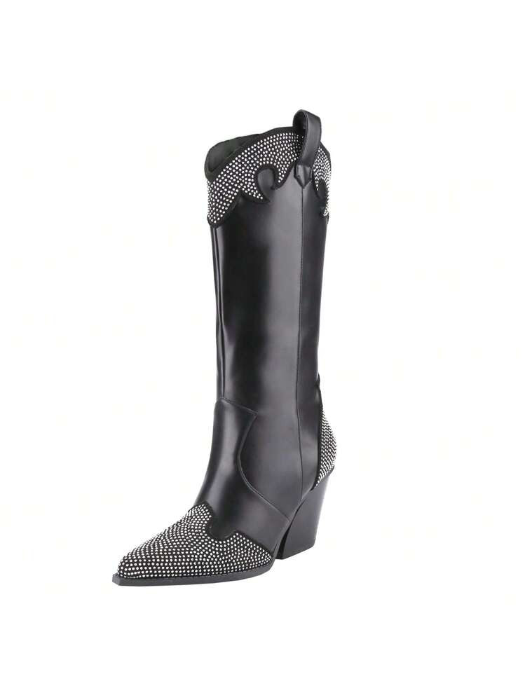 ILLUDE Women's Rhinestone Boots Western Pointed Toe Fashion Cowgirl Boots 5cm Chunky Stacked Heel... | SHEIN