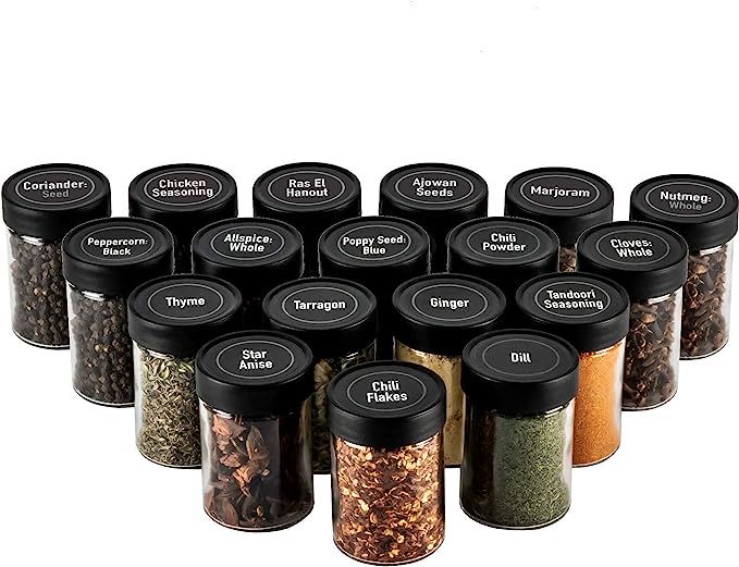 AllSpice 3 Ounce Glass Spice Jars with Black Plastic Lids and 3 Styles of Shaker Tops- 18 Pack | Amazon (US)