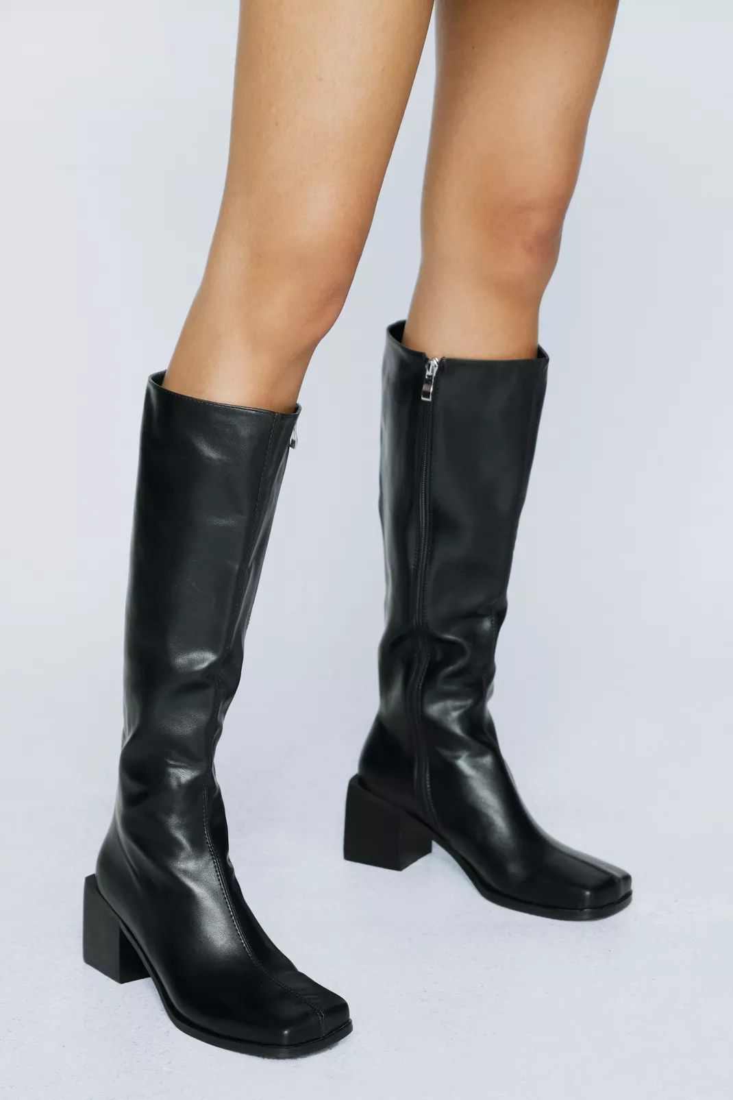 Faux Leather Square Toe Knee High Boot | Nasty Gal (US)