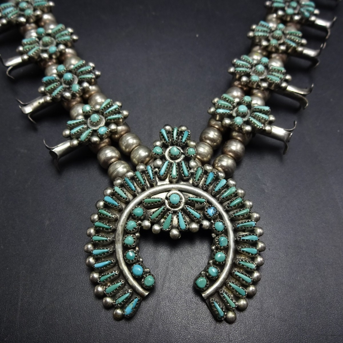 Signed Vintage ZUNI SterlingSilver TURQUOISE NEEDLEPOINT Squash Blossom NECKLACE  | eBay | eBay US