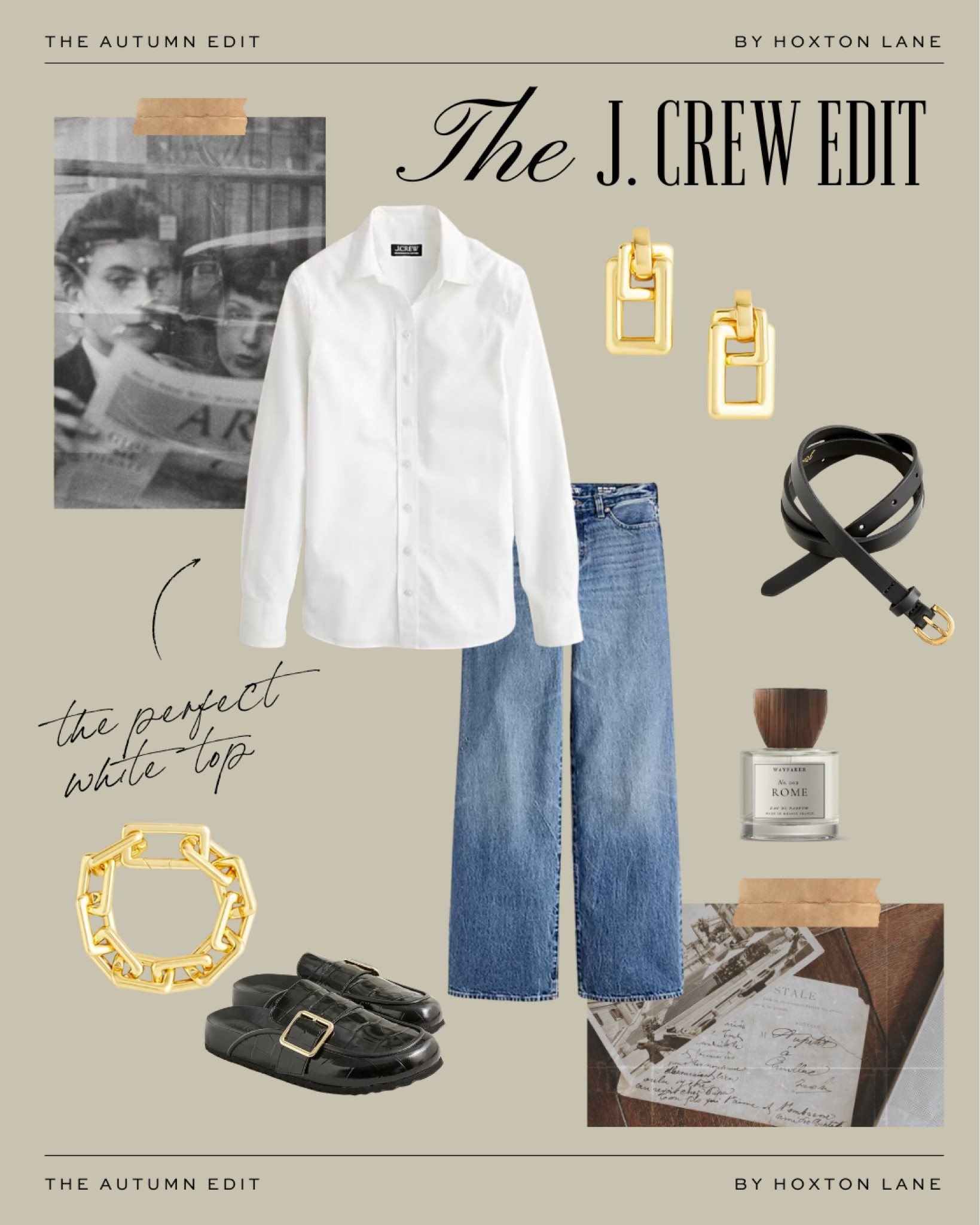 Fall favorites from the J. Crew sale - up to 40% off site wide 🤎 so many perfect staple pieces for fall, like this classic white button down, perfect loose jeans, black mule slides, and dainty gold jewelry 

#LTKSaleAlert #LTKSeasonal #LTKFindsUnder50