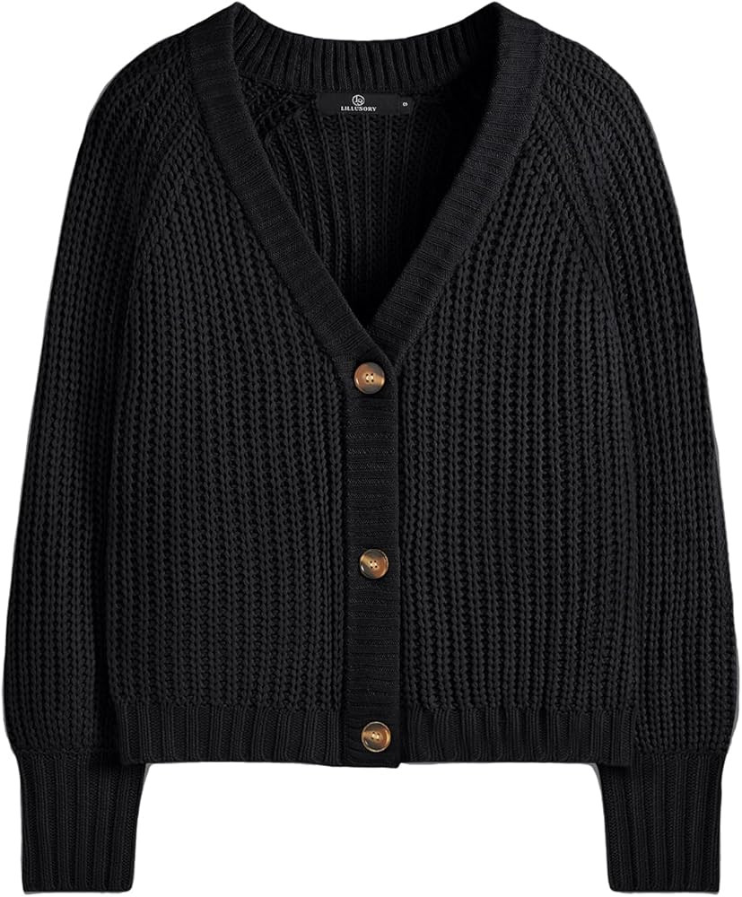 LILLUSORY Women's Chunky Cropped Oversized Cardigan Sweater V Neck Knit Cute Fall Casual Fashion ... | Amazon (US)