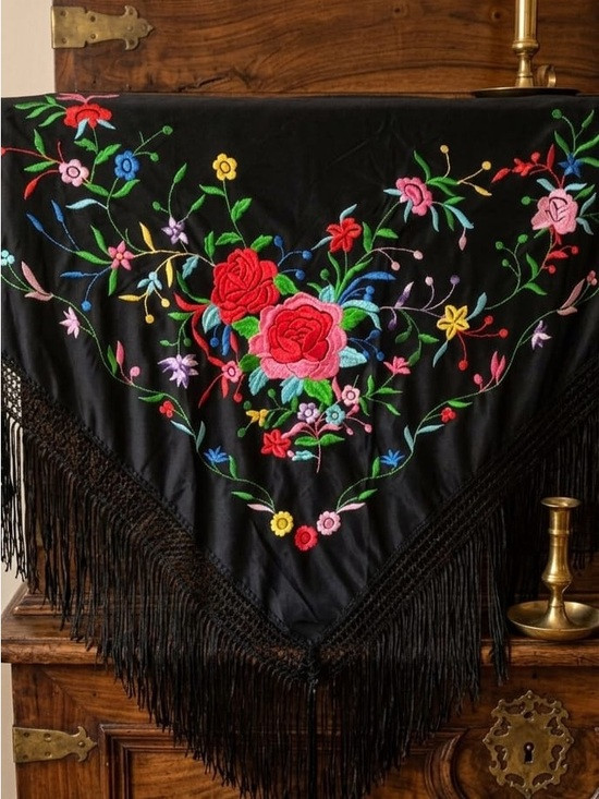 Black Floral Embroidered Shawl with Fringe | Poshmark