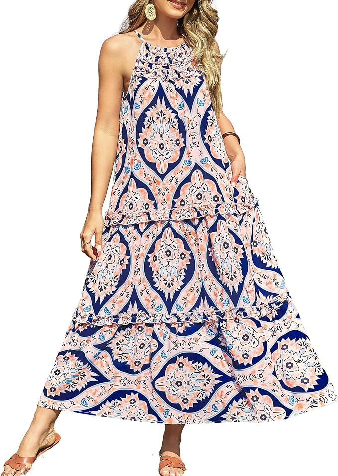 GRACE KARIN 2026 Women's Floral Halter Maxi Dress Boho Summer Beach Sundress with Tiered Ruffle S... | Amazon (US)