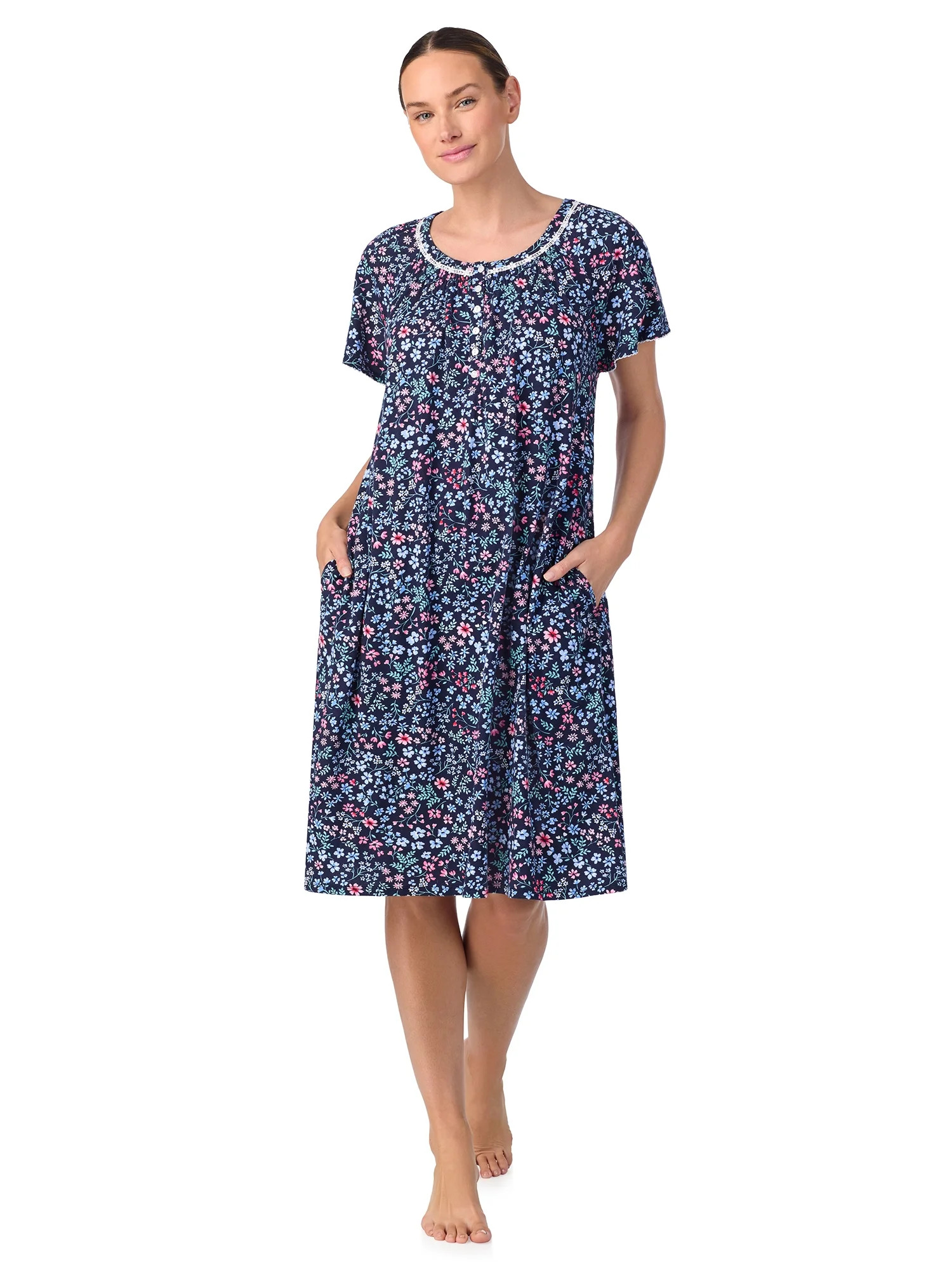 Aria 100% Cotton Raglan Sleeve Smocked Neck Sleepwear Gown, Sizes XS-5X | Walmart (US)