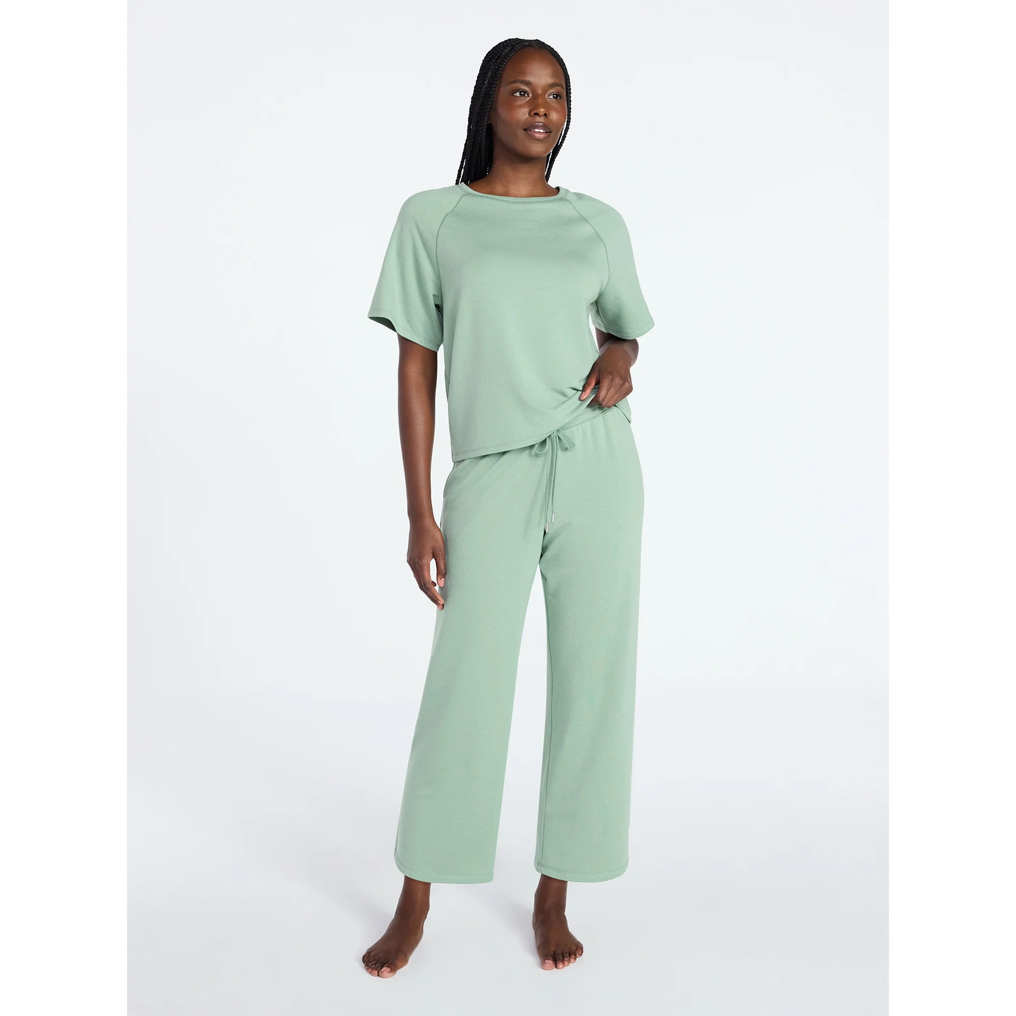 Joyspun Women's French Terry Lounge Sleep Short Sleeve Top and Capri Pants Set, 2-Piece, Sizes XS... | Walmart (US)