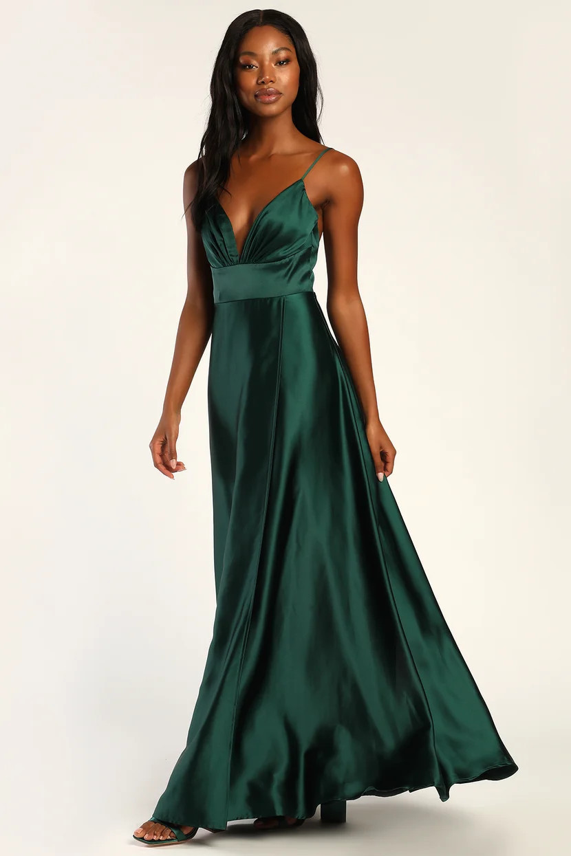 Capture the Romance Green Satin Faux-Wrap Sleeveless Maxi Dress Winter Special Occasion Dress Winter | Lulus (US)
