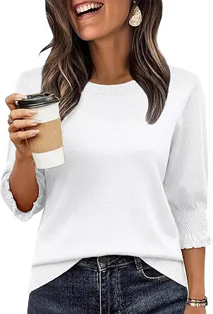 Totatuit Women 3/4 Sleeve Sweaters Crew Neck Lightweight Knit Sweater Top | Women 3/4 Pleated Sle... | Amazon (US)