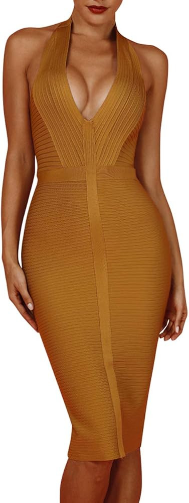 whoinshop Women 's Sexy Halter Deep V Neck Club Party Bandage Dress | Amazon (US)
