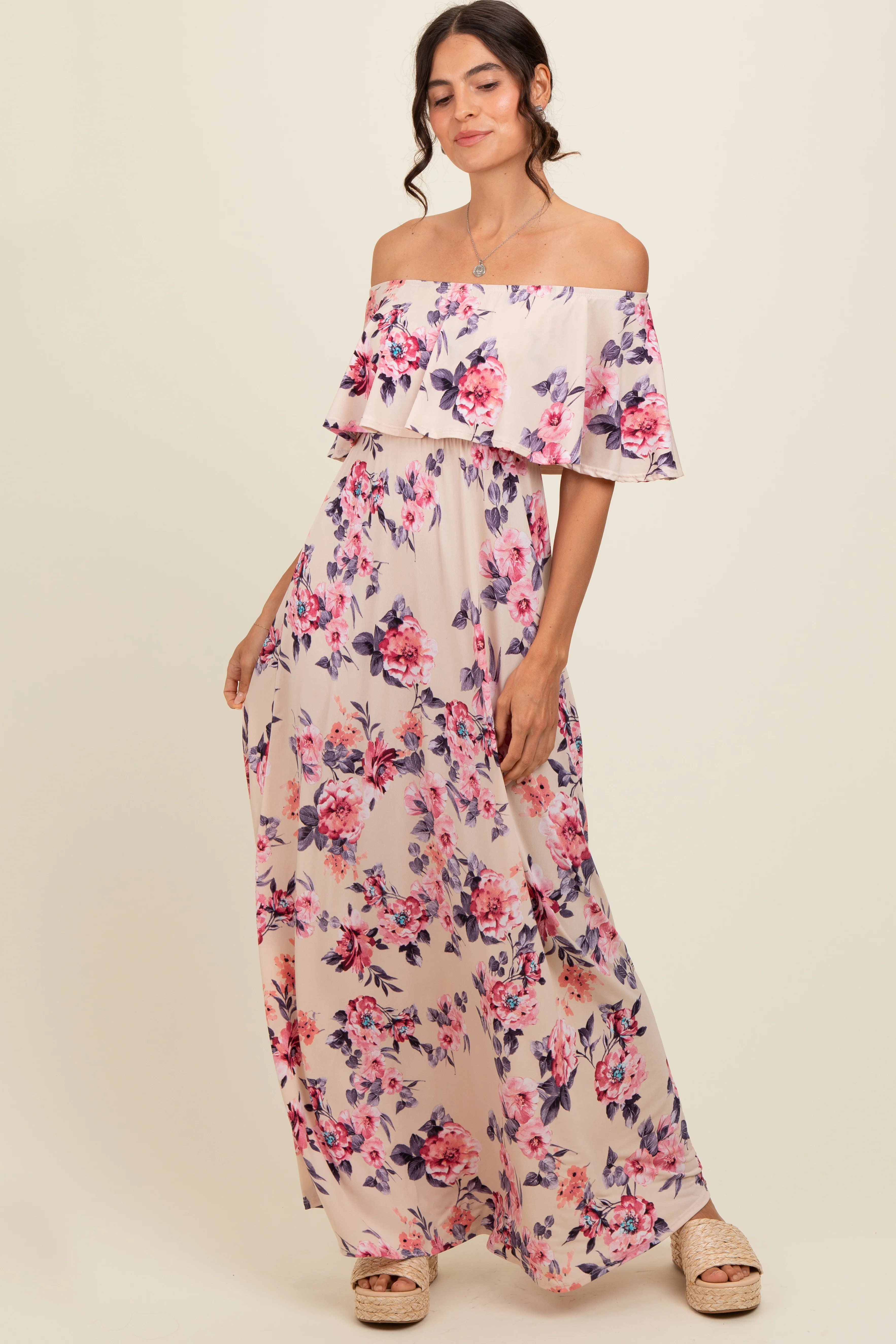Ivory Floral Off Shoulder Maxi Dress | PinkBlush Maternity