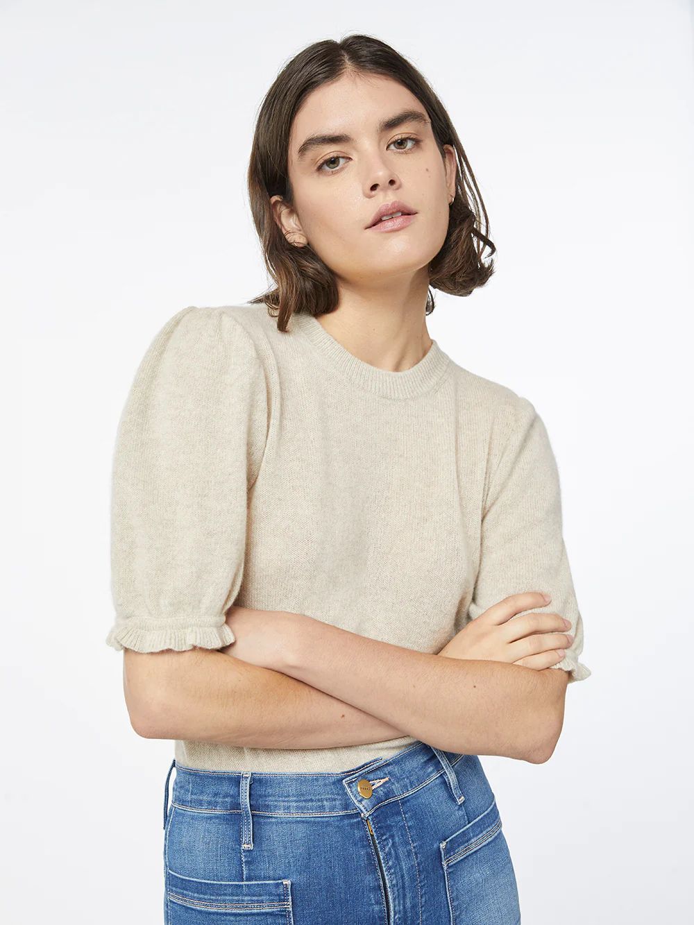 Cashmere Shirred Short Sleeve Sweater -- Oatmeal Heather | Frame Denim