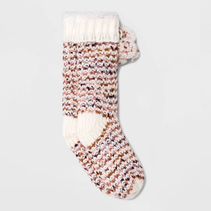 Women's Sweater Knit Sherpa Lined Slipper Socks with Poms & Grippers - 4-10 | Target