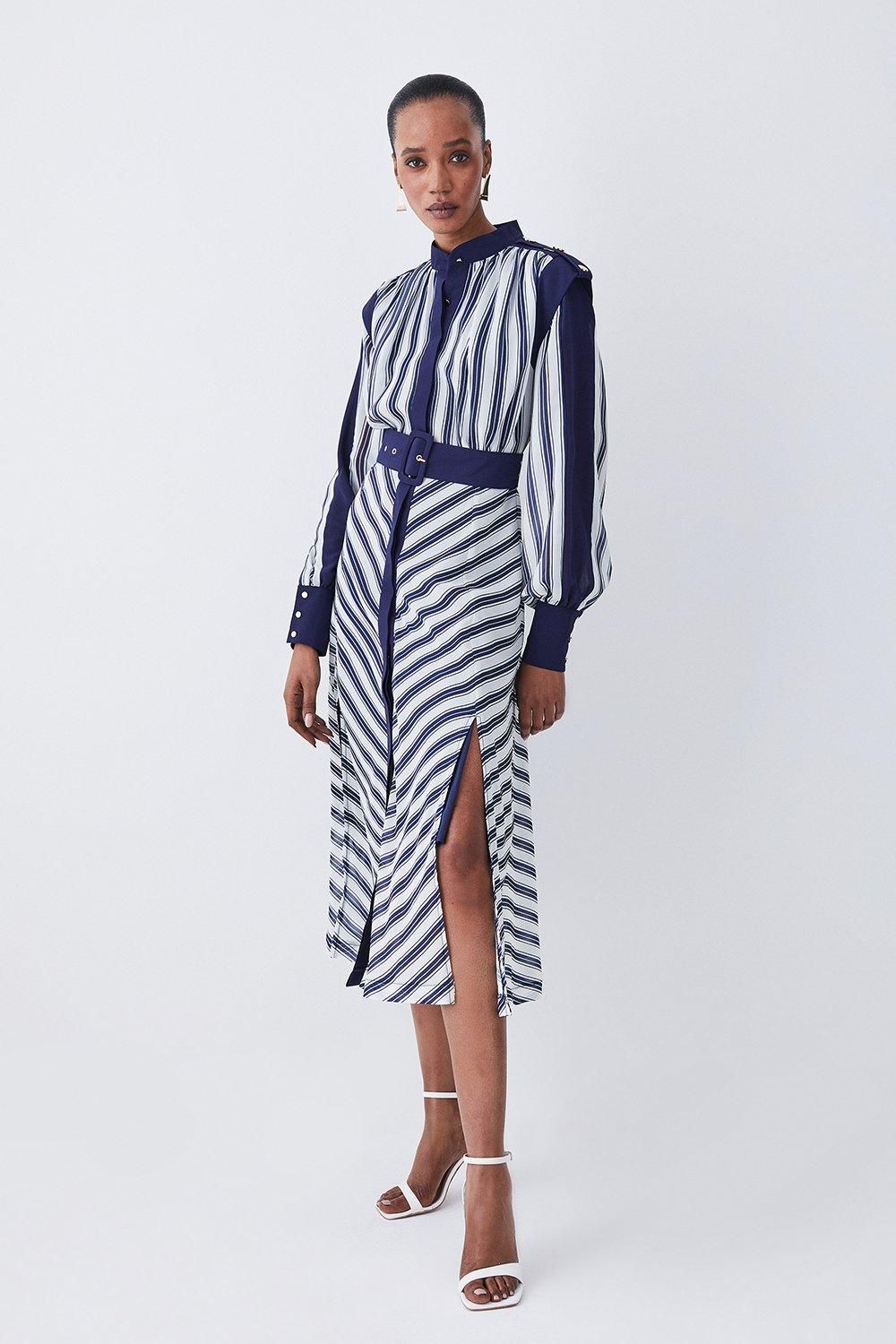Military Stripe Woven Midi Dress | Karen Millen US