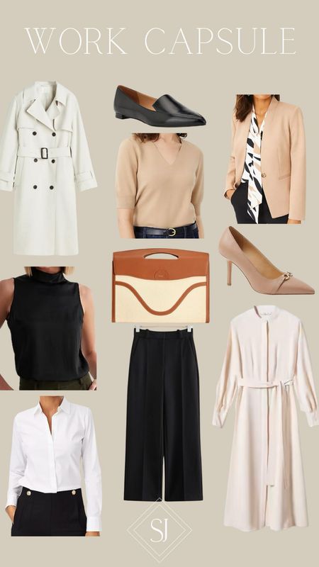 My favorite work capsule pieces

Trench
Mock neck tank
Button down
Loafer
Simple sweater tee
Laptop case and stand
Black trousers
Nude blazer
Nude heel
Work dress
*also could add a pencil skirt 