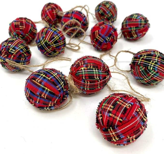 Set of 12 Scotty Red Tartan Plaid Homespun Cotton Fabric 1.5 inch Ball Christmas Ornaments by Mar... | Amazon (US)