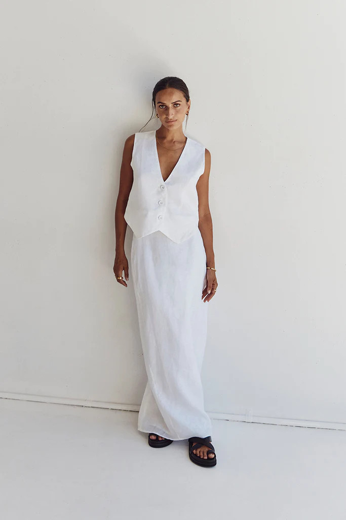 ROBERTS WHITE LINEN MIDI SKIRT | DISSH