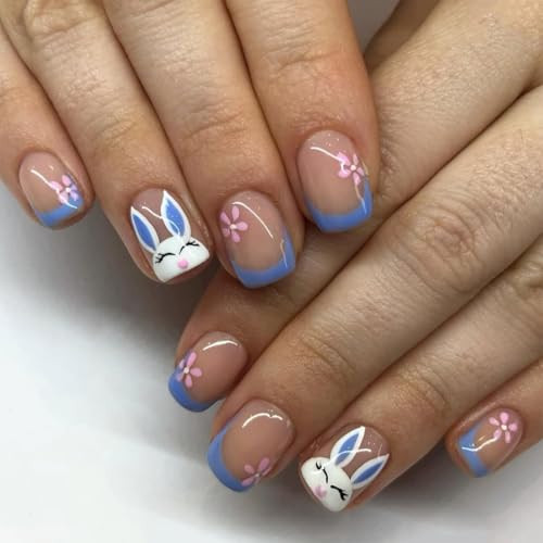 Cute Easter Bunny Press on Nails Short Square Fake Nails with Light Blue French Tip and Pink Flower Designs Glossy Full Cover Acrylic False Nails Spring Stick on Nail for Women Girls 24Pcs | Amazon (US)