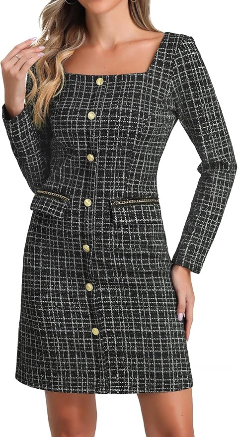 Allegra K Tweed Dress for Women Long Sleeves Square Neck Elegant Dresses with Pockets | Amazon (US)