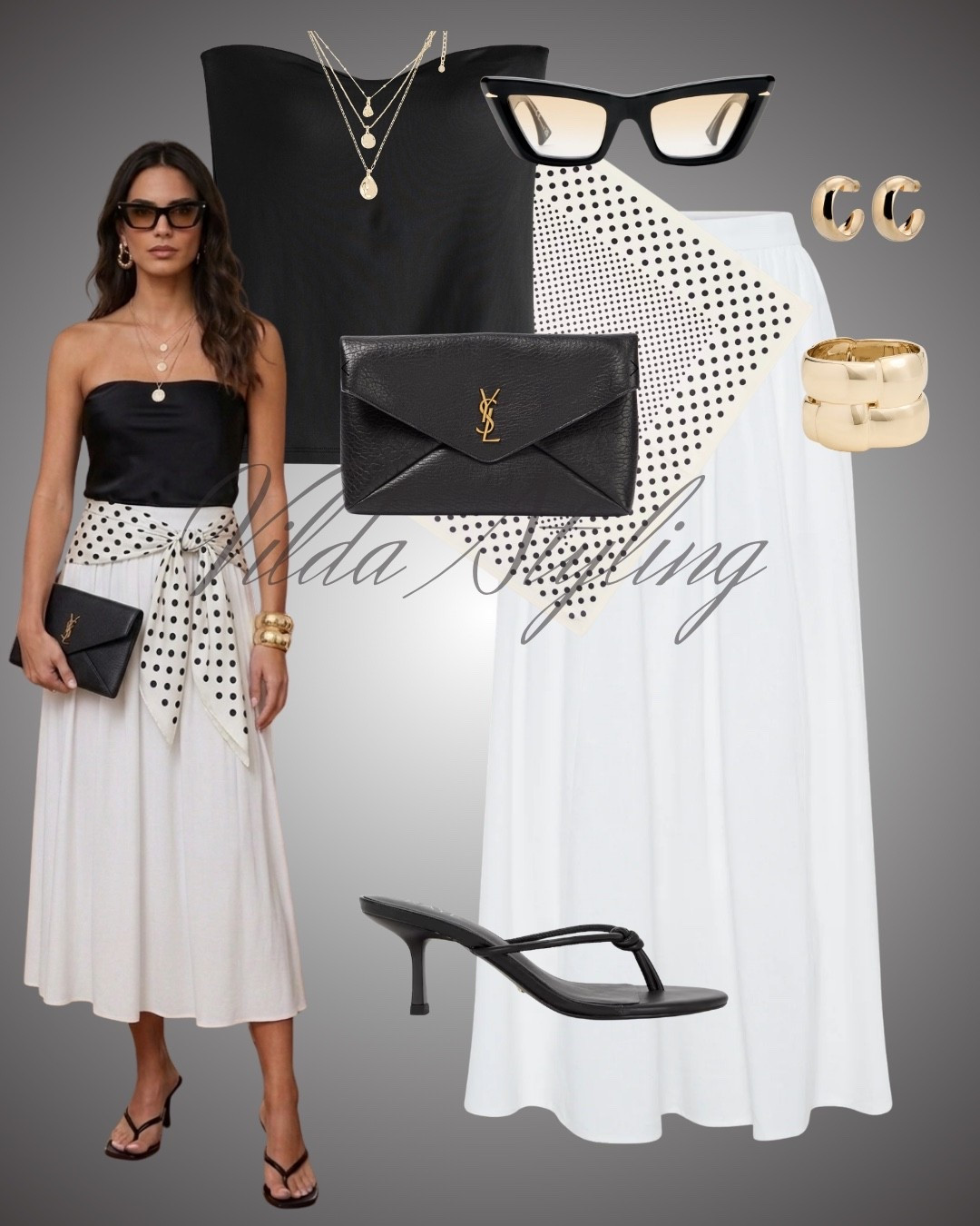 The monochrome aesthetic is timeless, and this look is the perfect proof. Merging effortless elegance with a touch of playfulness (hello, polka dots!), this outfit is a go-to for a chic summer dinner or a sophisticated day out. 🥂✨ #LTKstyletip #MonochromeStyle #SummerElegance #PolkaDots #YSL #ClassicStyle #ParisianVibes #MidiSkirt #GoldJewelry #OOTD 

#LTKstyletip #LTKsummer #LTKspring