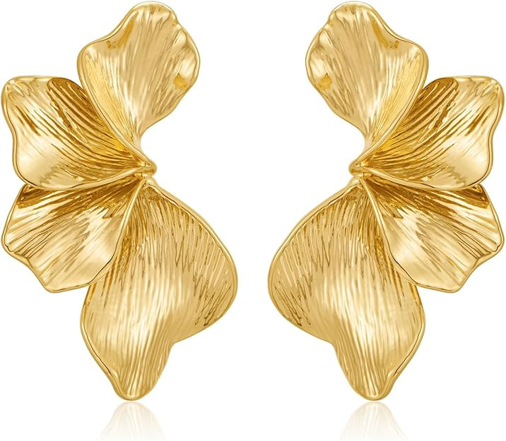 Chunky Gold Statement Earrings For Women Gold Plated Sectored Flower Leaf Shell Angel Wing Earrin... | Amazon (US)