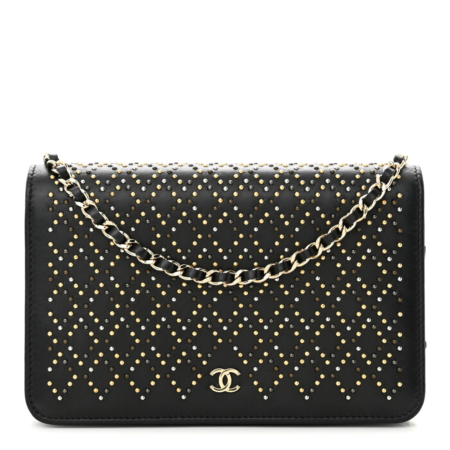 Lambskin Studded Wallet On Chain WOC Black | FASHIONPHILE (US)