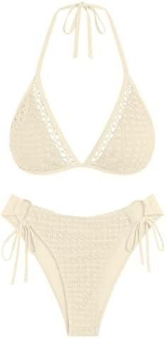 ZAFUL Women's Halter Triangle Bikini Set Crochet Boho Floral Swimsuit Cut Out Tie Side Two Piece ... | Amazon (US)
