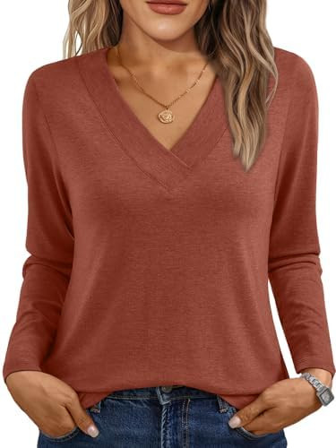 AUTOMET Long Sleeve Shirts for Women Tops V Neck Casual Top | Amazon (US)