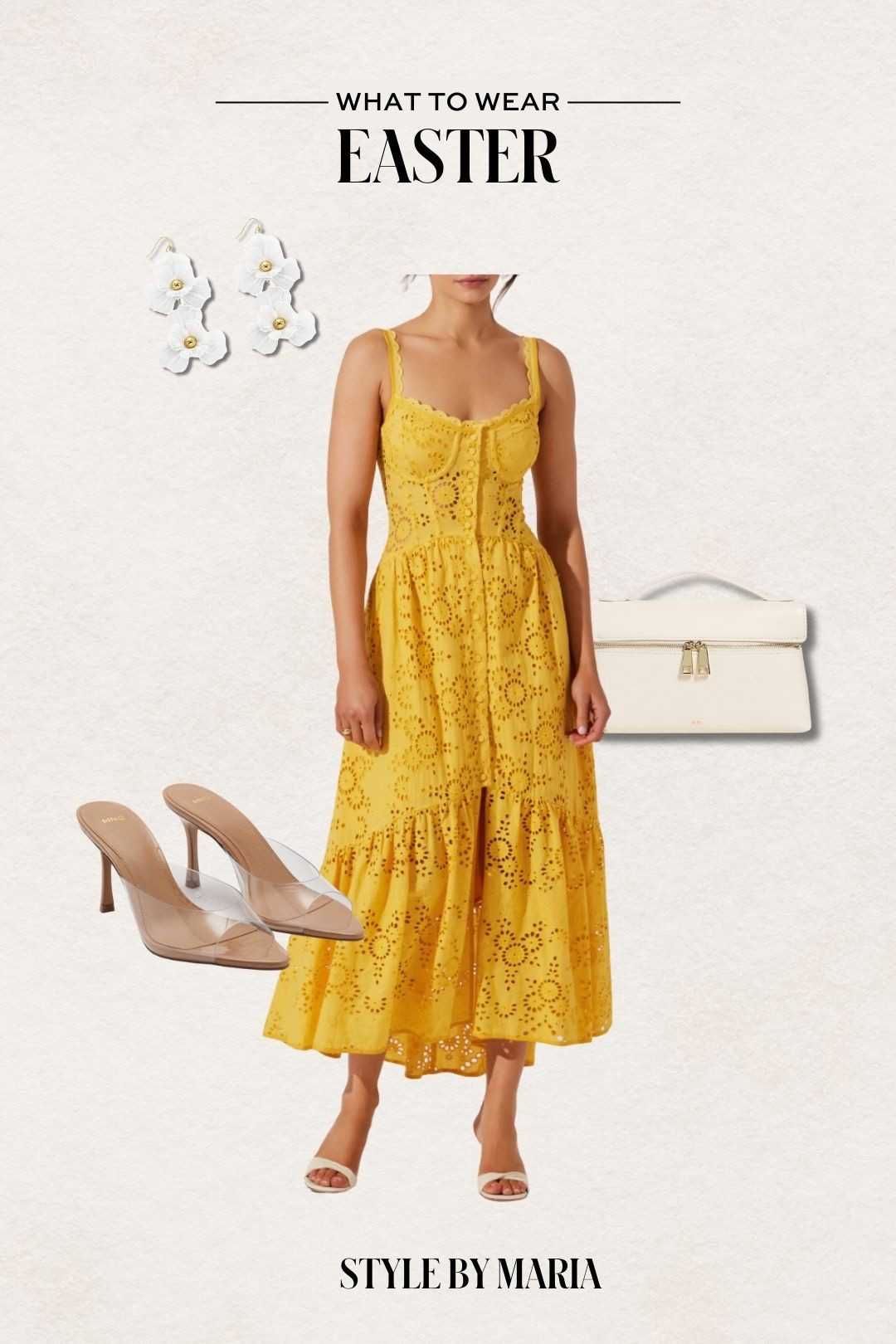 Easter outfit ideas / spring wedding guest outfit
Astr the label yellow eyelet dress
Shopbop white handbag 
Mango clear heels
White floral earrings 

#LTKStyleTip #LTKWedding #LTKFindsUnder100