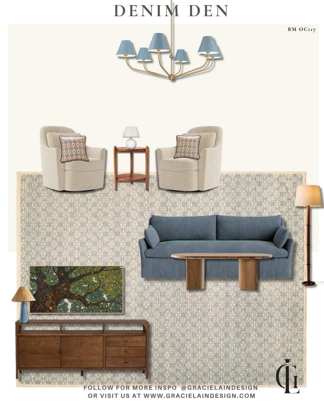 A cozy denim den, designed for slowing down.
Layered with denim velvet, sand linen, soft wool, rich woods, and brilliant brass, this space is equal parts refined and inviting. A neutral palette grounded in blues, creams, and greens brings subtle nods to the outdoors, while a striking large-scale artwork anchors the room and completes the story.
Whether you're curling up with a great book, bingeing a new favorite series, or unwinding after a full day, this den was designed to be a place that feels as good as it looks.
Every texture, every layer, and every detail works together to create a space that's timeless, comfortable, and effortlessly sophisticated.
Discover more thoughtfully designed spaces at gracielaindesign.com.
#GracielainDesign #InteriorDesign #LuxuryInteriors #CozyHome #DenDesign #LivingBeautifully #LayeredInteriors #NeutralInteriors #HomeInspiration #CustomInteriors #InteriorStyling #ModernClassic #DenimDecor #TimelessDesign #LuxuryLiving 

 #LTKHome #LTKSaleAlert