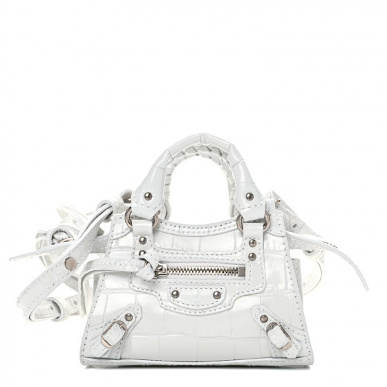 BALENCIAGA Calfskin Crocodile Embossed Neo Classic Silver Hardware Super Nano City Crossbody White | Fashionphile