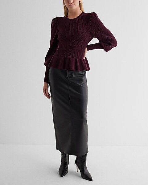 Ribbed Crew Neck Puff Sleeve Peplum Sweater | Express