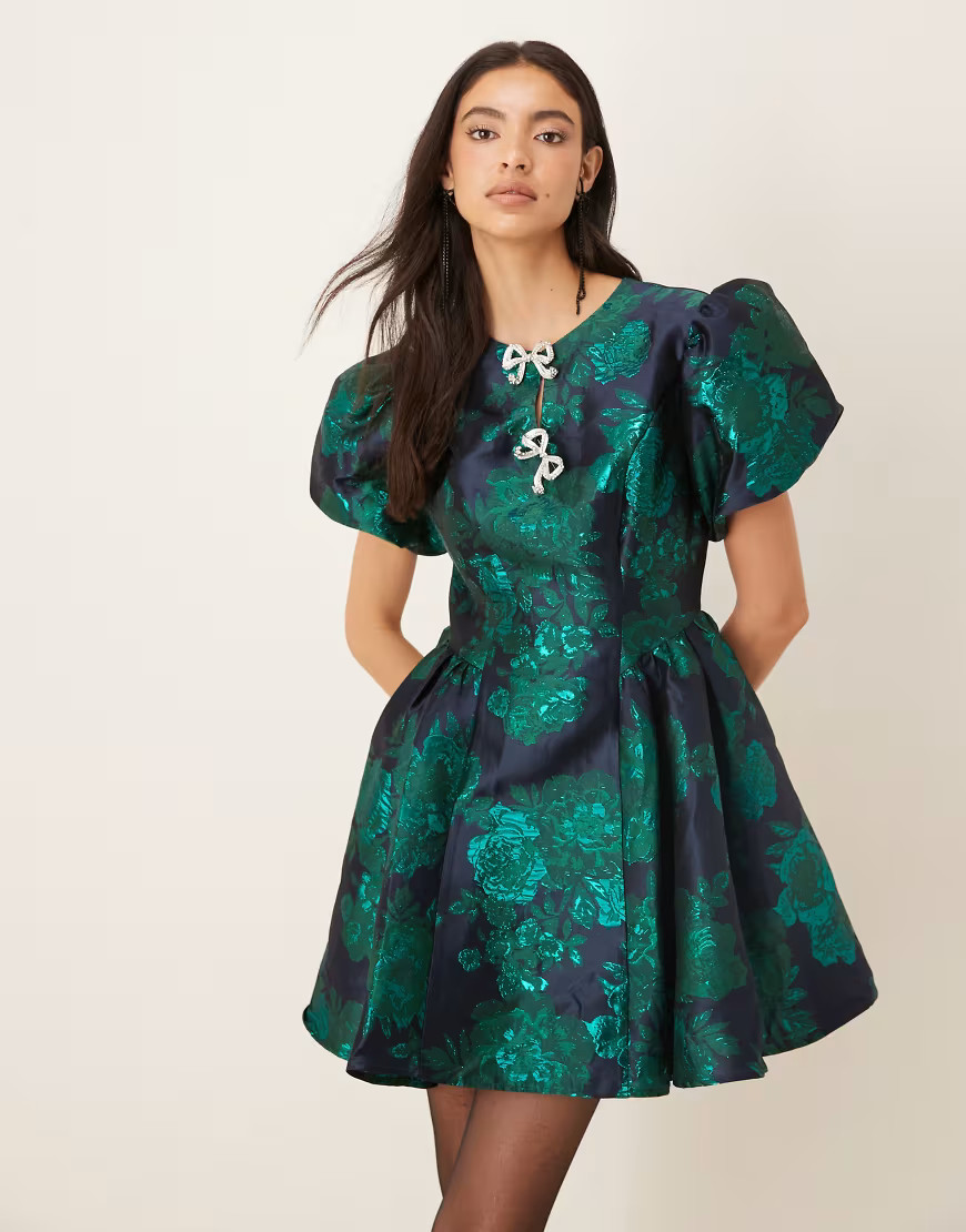 Sister Jane Lili jacquard puff sleeve diamante bow detail mini dress in emerald green | ASOS (Global)
