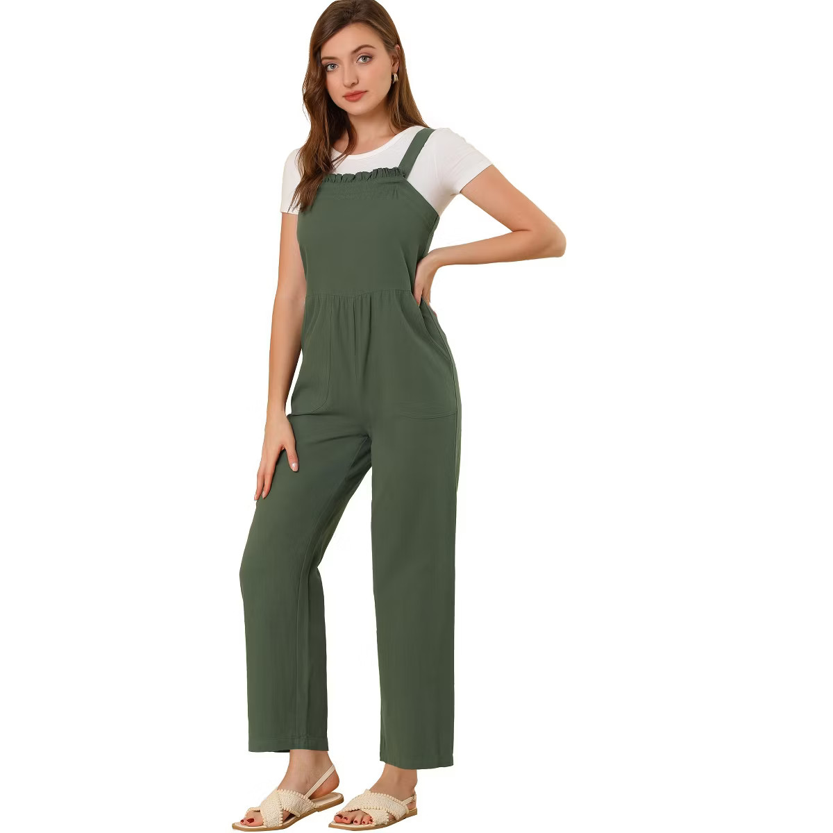 Allegra K Women's Casual Vintage Straps Ruffled Pockets 100% Cotton Wide Leg Overalls Jumpsuit | Target
