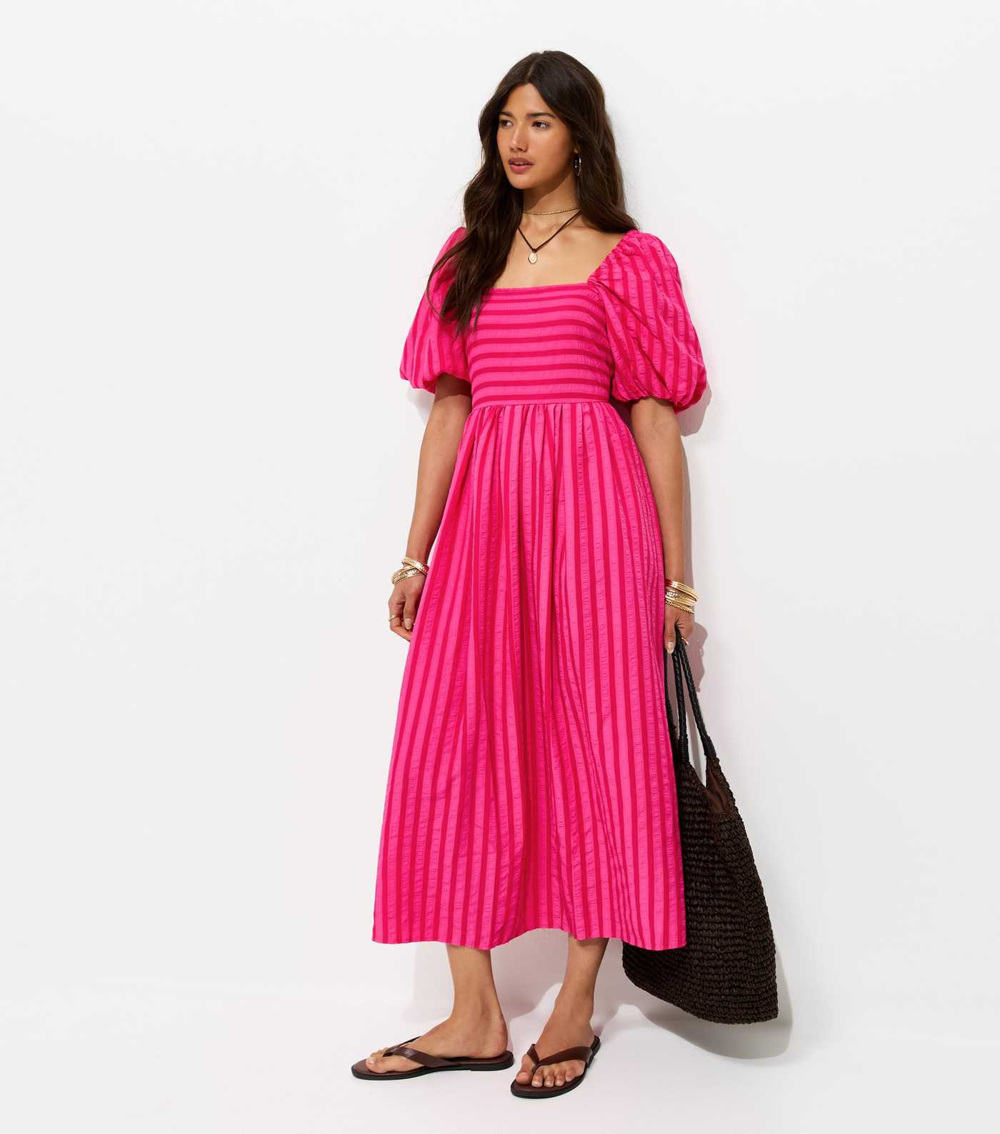 Dark Pink Puff Sleeve Striped Midi Dress | New Look | New Look (UK)
