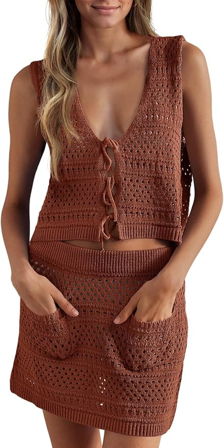 Saodimallsu Womens Crochet Swim Cover Up 2 Piece V Neck Sleeveless Front Tie Crop Tops Beach Mini... | Amazon (US)