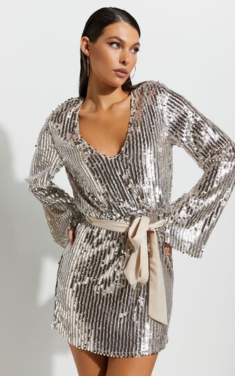 Shellanie Mini Dress - Plunge Long Sleeve Dress in Silver and Gold Sequin | Showpo (US, UK & Europe)