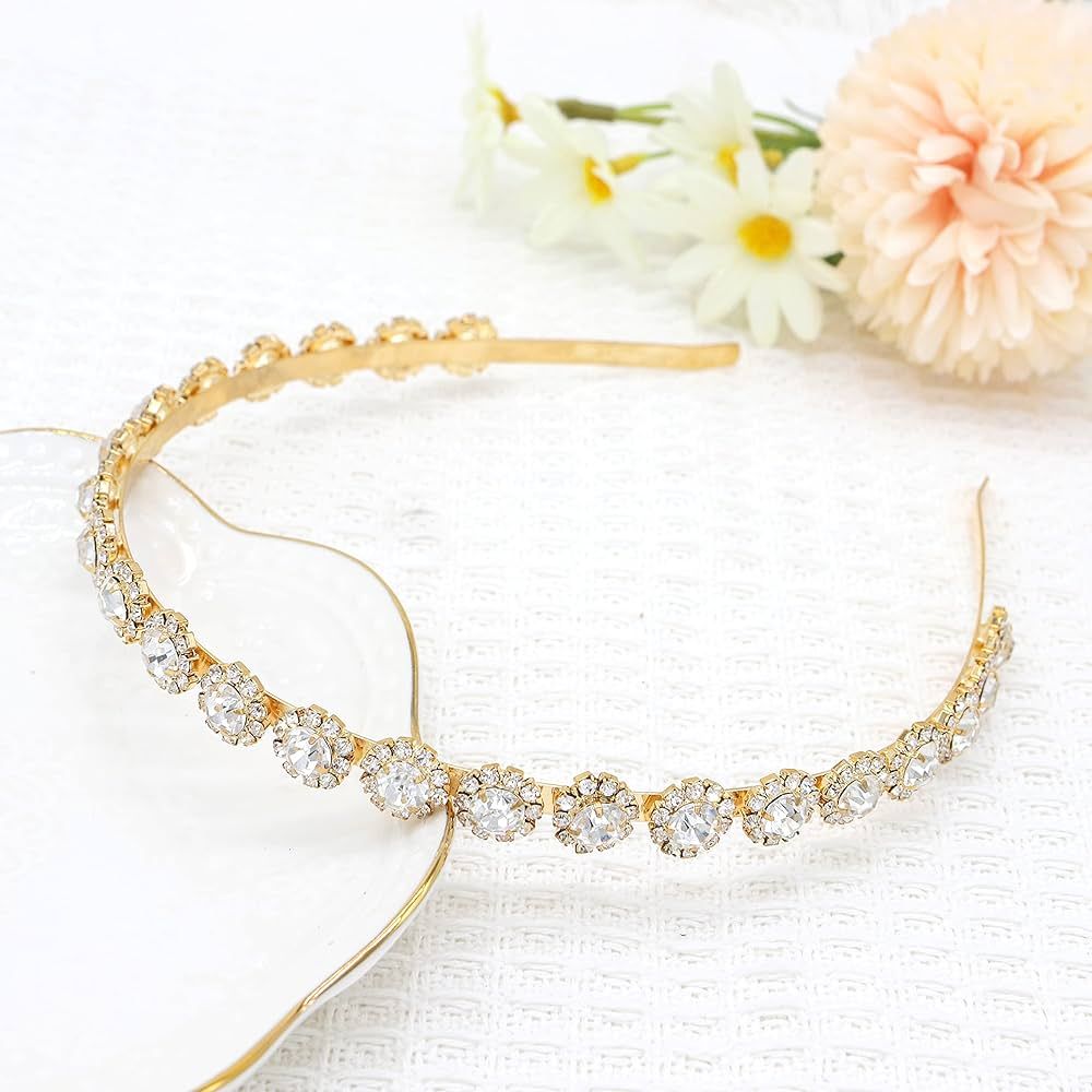AMMEI HEADPIECE Bridal Headpiece Wedding Headband with Crystal and Hair Accessories (Gold) | Amazon (US)