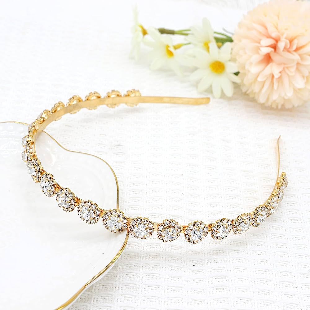 AMMEI HEADPIECE Bridal Headpiece Wedding Headband with Crystal and Hair Accessories (Gold) | Amazon (US)