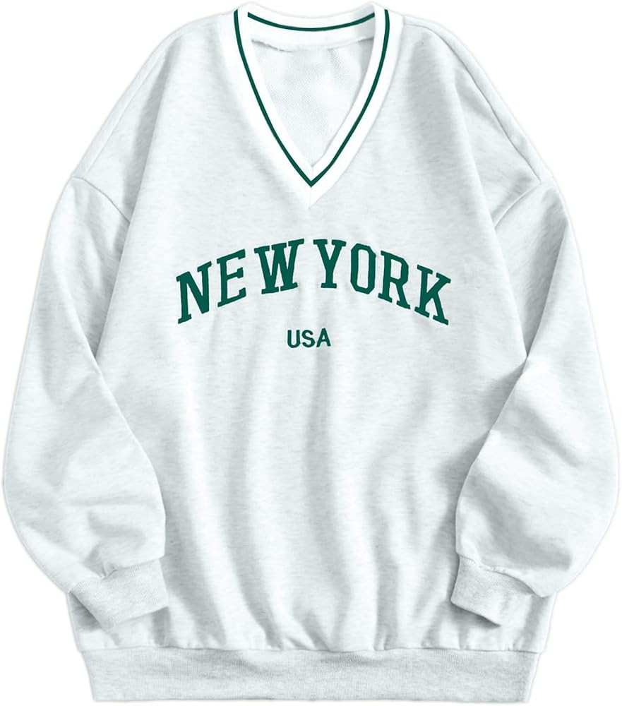 Remidoo Womens New York Embroidered V Neck Sweatshirt Oversized Long Sleeve Pullover Top | Amazon (US)