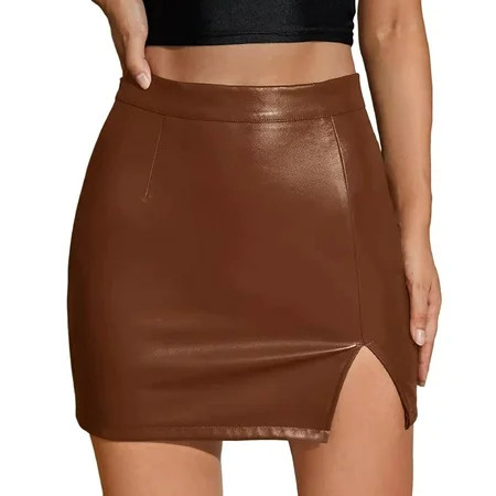 Chnzic Women s Pure Colored Short Skirt Skirt Tight Leather Skirt Slit Miniskirt | Walmart (US)