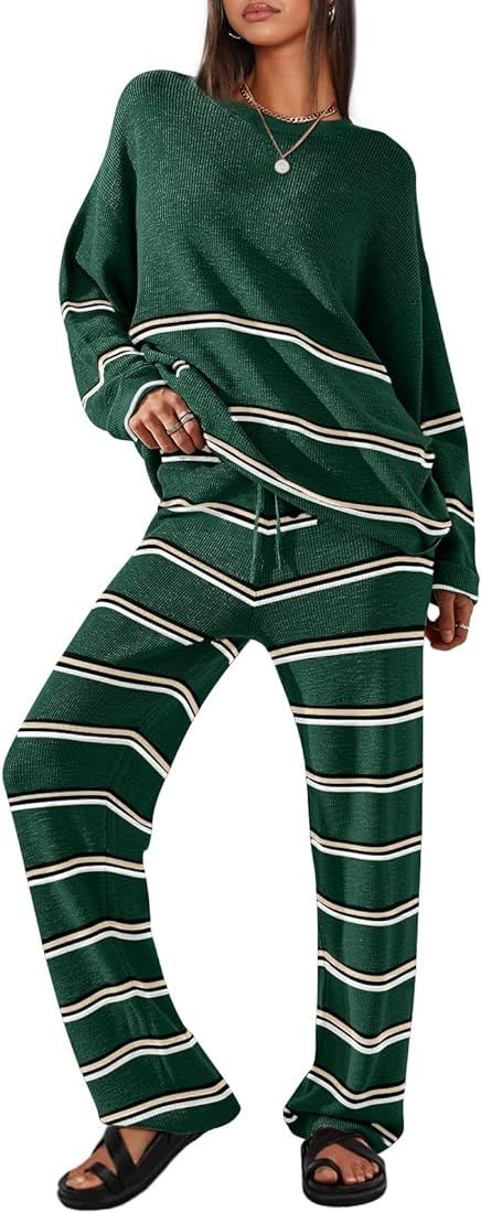 2 Piece Outfits for Women 2023 Oversized Fall Lounge Sets Striped Sweaters Cozy Knit Long Sleeve ... | Amazon (US)