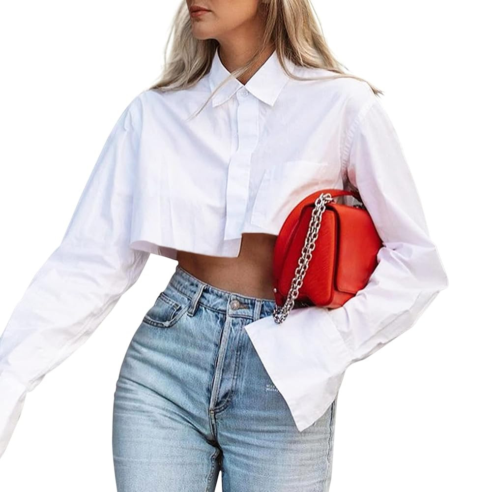 MISSACTIVER Women Solid Long Sleeve Button Up Crop Shirt Turn-Down Collar Irregular Loose Fitting... | Amazon (US)
