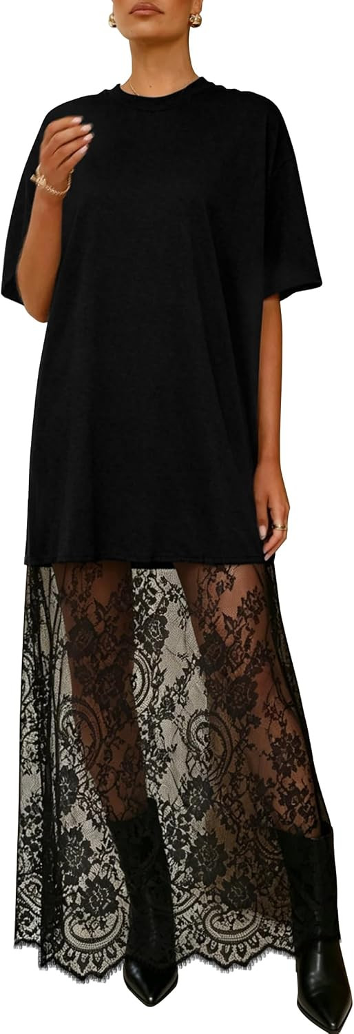 miduo Womens Summer Short Sleeve Crewneck Lace Patchwork Maxi Dresses | Amazon (US)