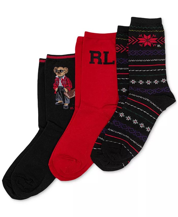 Women's 3-Pk. Holiday Bear Crew Socks Gift Set | Macy's