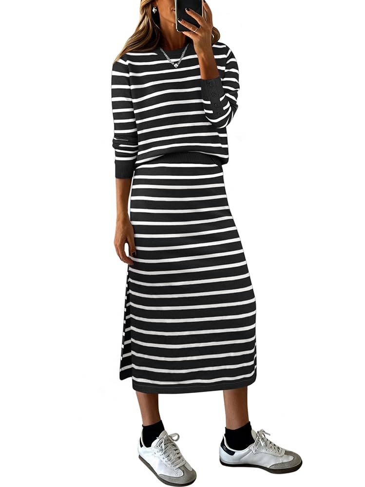 ANRABESS 2 Piece Skirts Sets For Women Fall Fashion 2025 Striped Sweater Midi Dress Knit Lounge T... | Amazon (US)